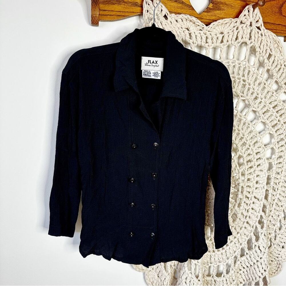Flax Women's Lagenlook Black Collared Button-Down Shirt Size Small